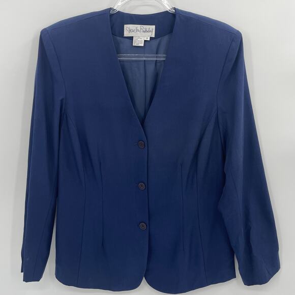 DIANE VON FURSTENBERG Collarless Blazer Jacket Size 12 Blue Cotton Silk Button - Picture 1 of 8